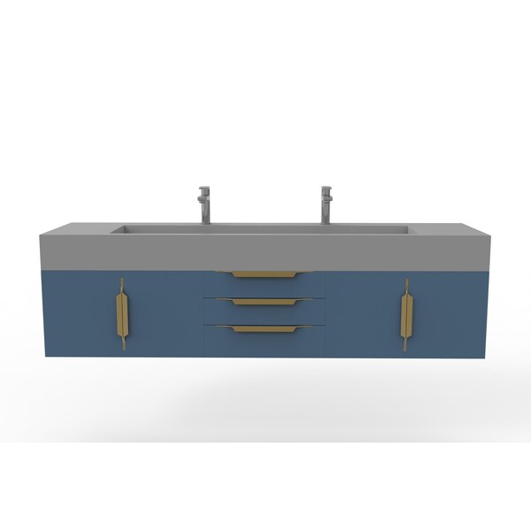Castello Usa Nile 72" Wall Mounted Blue Vanity With Gray Top And Gold Handles CB-MC-72BLU-GLD-2053-GR - main